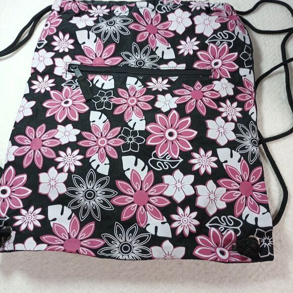 Pink & Black Floral Cinch Bag Nylon Backpack 12x15 Drawstring Lightweight - Picture 2 of 12